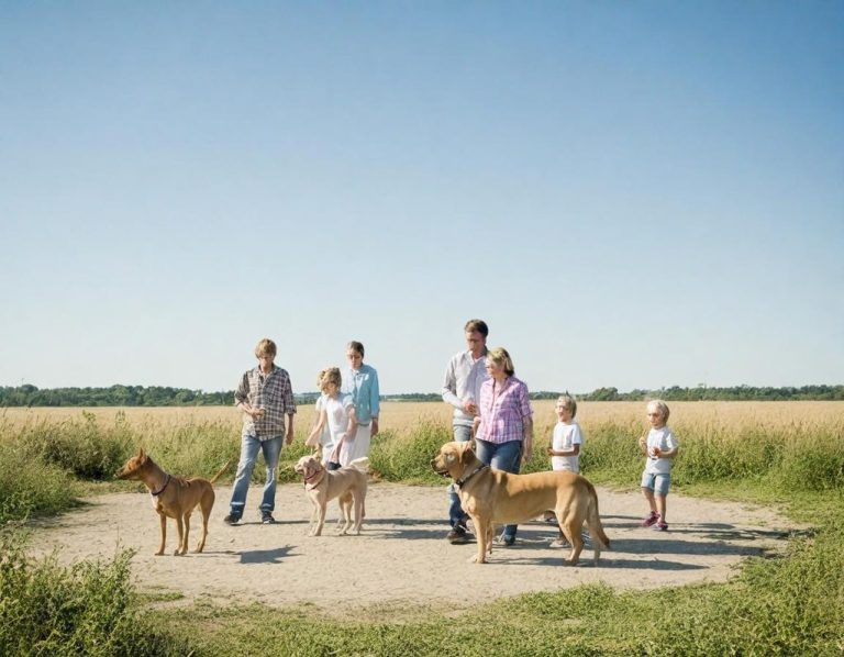 Familie mit Kindern und Hunden, die auf einem Feld spazieren gehen.