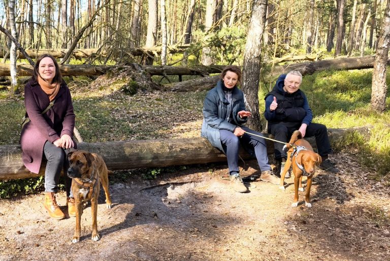 Drei Personen sitzen auf einem Baumstamm im Wald, zwei Hunde sitzen neben ihnen.