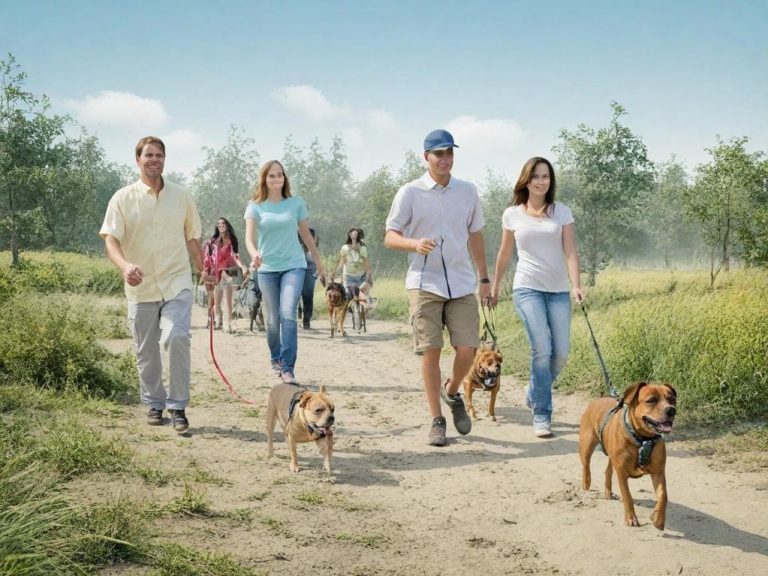 Eine Gruppe von Menschen spaziert mit Hunden auf einem Feldweg.