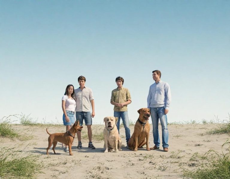 Fünf Personen und drei Hunde stehen auf einem sandigen Hügel unter blauem Himmel.