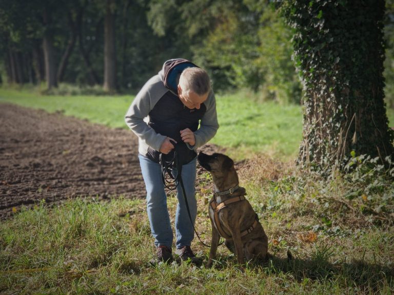 Ein Mann beugt sich zu einem Hund auf einem Feld in der Natur.